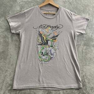 Ed Hardy Shirt Mens Small Gray Eagle Snake New York City Graphic Print Y2K Tee